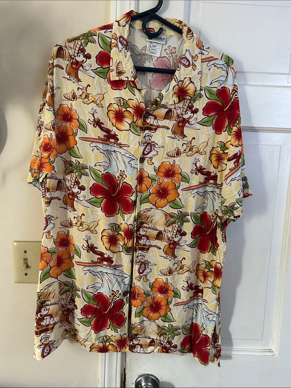 Disney Men's Beige Hawaiian Shirt with Red & Orange Floral Print